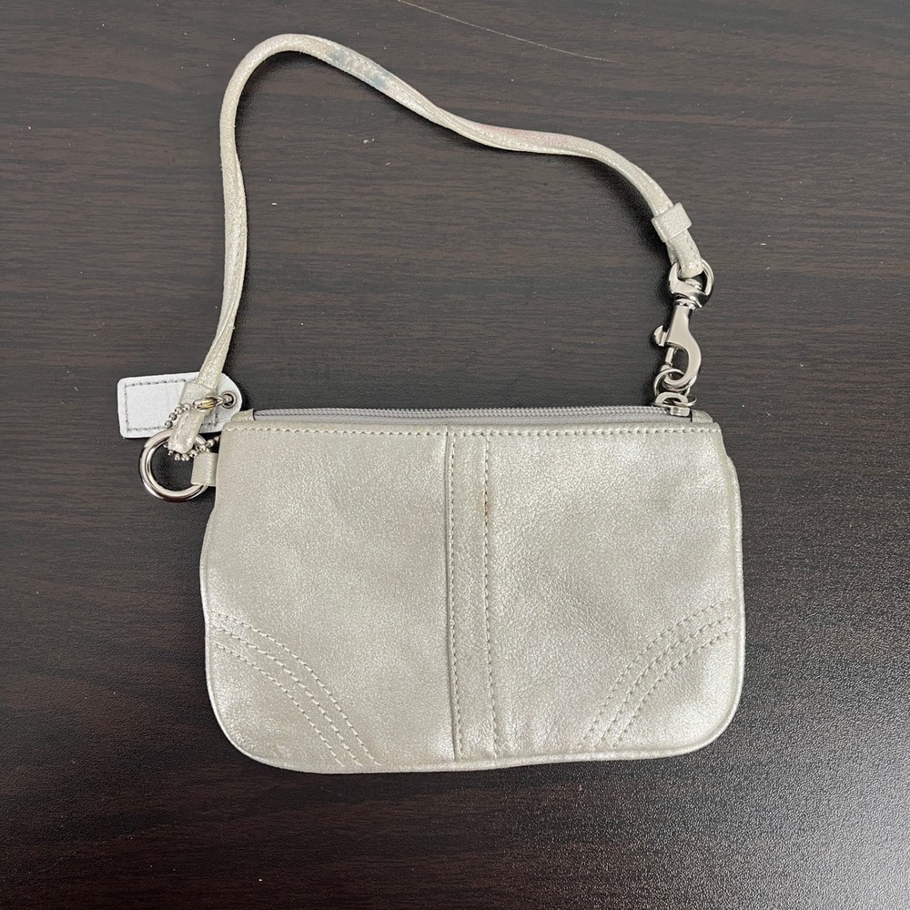 Coach Silver Metallic Leather Wristlet Zip Pouch Small Bag Champagne